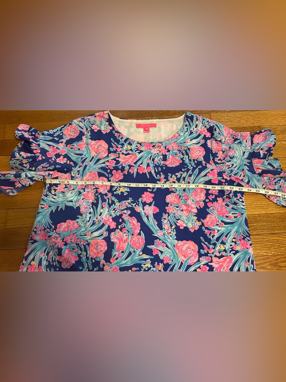 Lilly Pulitzer Blouse Ruffle Sleeve Darlah Top Sz XL Blue and Pink Floral Print - Picture 4 of 9